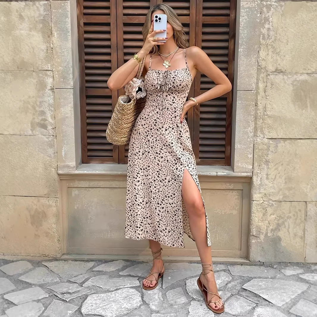 Damen sommerliches Maxikleid mit verstellbaren Spaghettiträgern und seitlichem Schlitz EB