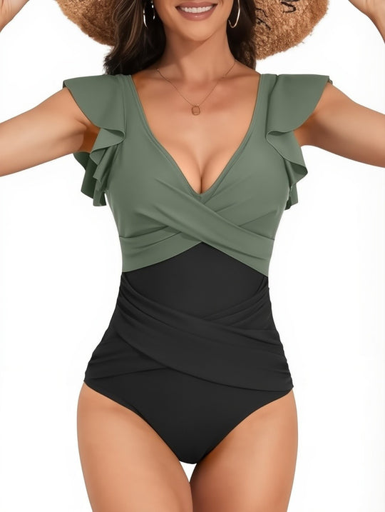 Damen eleganter Badeanzug mit fließenden Rüschen EB