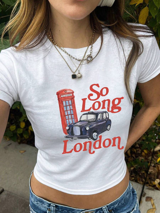 Damen figurbetontes Kurzarm-T-Shirt mit verspieltem Aufdruck EB