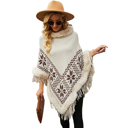 Damen eleganter Poncho mit dekorativem Fransen-Design und Kunstfellbesatz EB