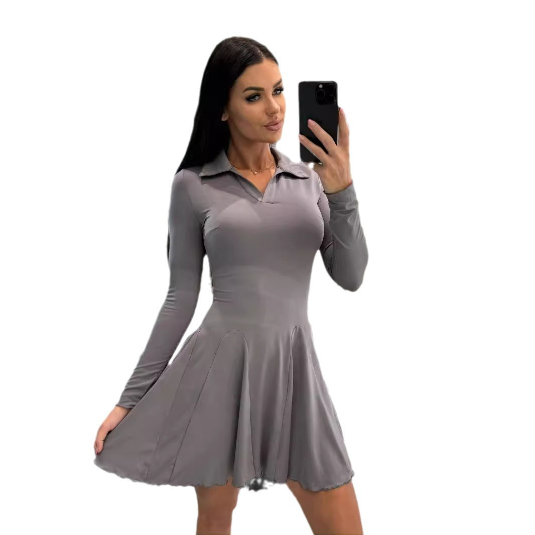 Damen Sportliches Kleid mit Kragen und langen Ärmeln EB