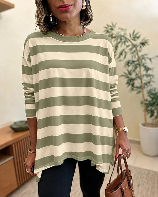 Damen Oversized Streifen-Longsleeve mit Rundhalsausschnitt und abgerundetem Saum EB