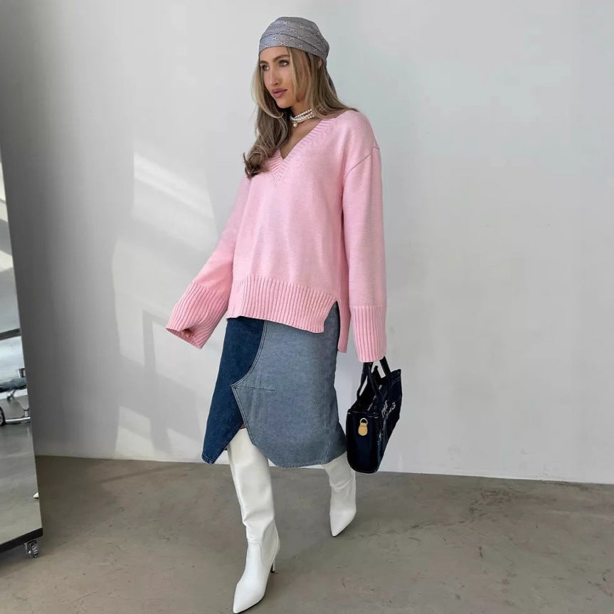 Damen oversized V-Ausschnitt Strickpullover mit breiten Rippbündchen und leichtem Fall Eichborn Berlin