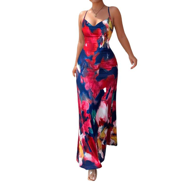 Damen Maxikleid mit floralem Aquarelldruck und schmalen Spaghetti-Trägern EB