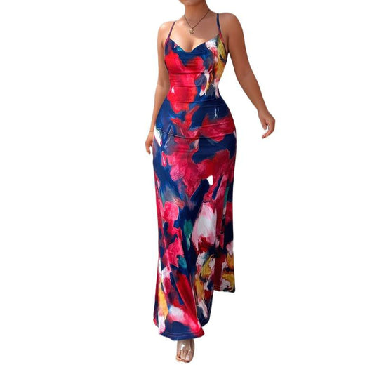 Damen Maxikleid mit floralem Aquarelldruck und schmalen Spaghetti-Trägern EB