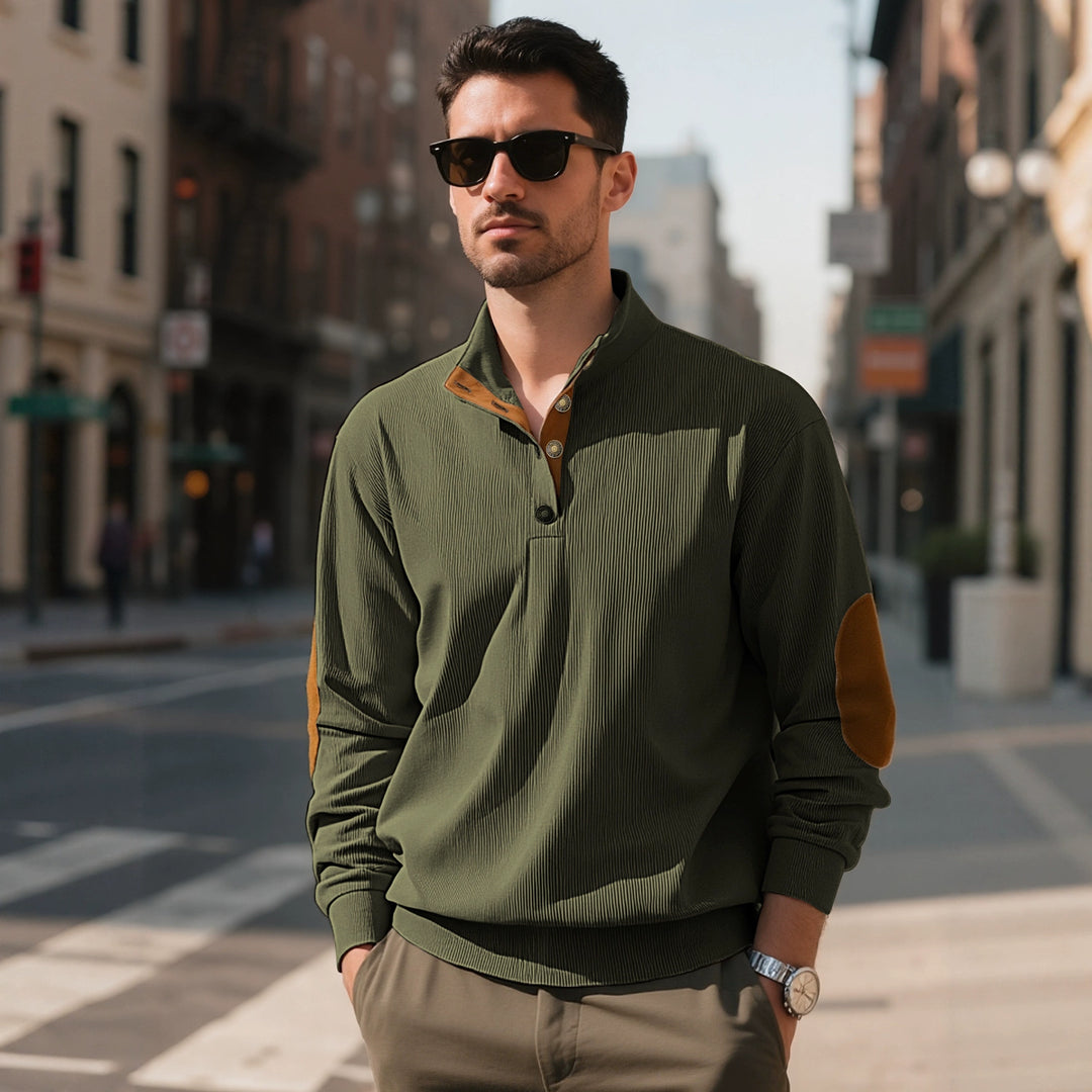 Herren nan lässiger Strukturpullover mit Polokragen, kurzer Knopfleiste und veganen Lederbesätzen EB