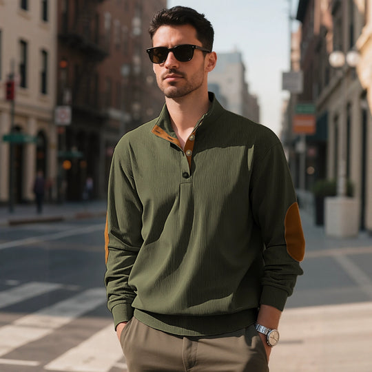Herren nan lässiger Strukturpullover mit Polokragen, kurzer Knopfleiste und veganen Lederbesätzen EB