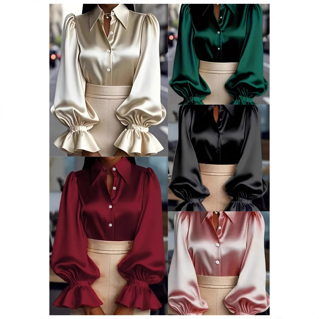 Damen elegante Seidenbluse mit Puffärmeln und schicker Knopfleiste EB
