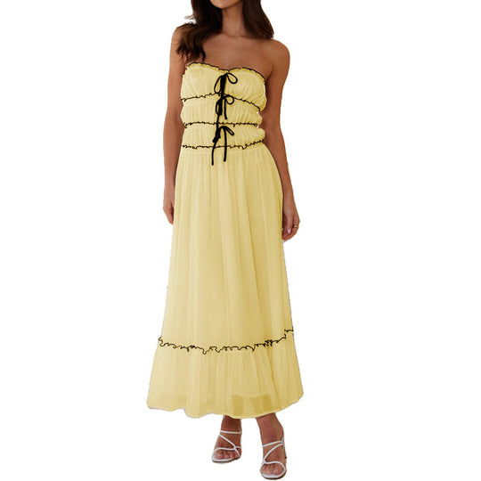 Damen Maxikleid mit dekorativen Rüschendetails und verstellbarem Bindegürtel EB
