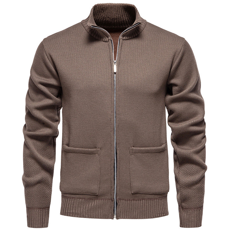 Herren nan feinstrukturierter Reißverschluss-Strickcardigan mit Stehkragen und aufgesetzten Taschen EB