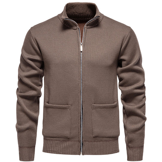 Herren nan feinstrukturierter Reißverschluss-Strickcardigan mit Stehkragen und aufgesetzten Taschen EB