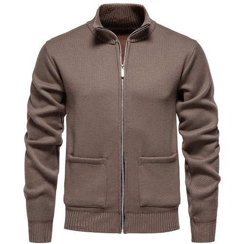 Herren nan feinstrukturierter Reißverschluss-Strickcardigan mit Stehkragen und aufgesetzten Taschen EB