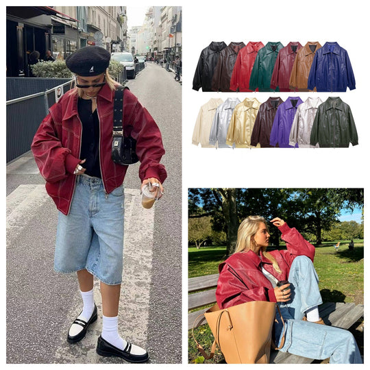 Damen lässige Kunstlederjacke mit hohem Kragen und Reißverschluss EB