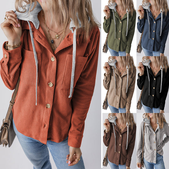 Damen lässige Hemdjacket mit Kapuze und seitlichen Taschen EB