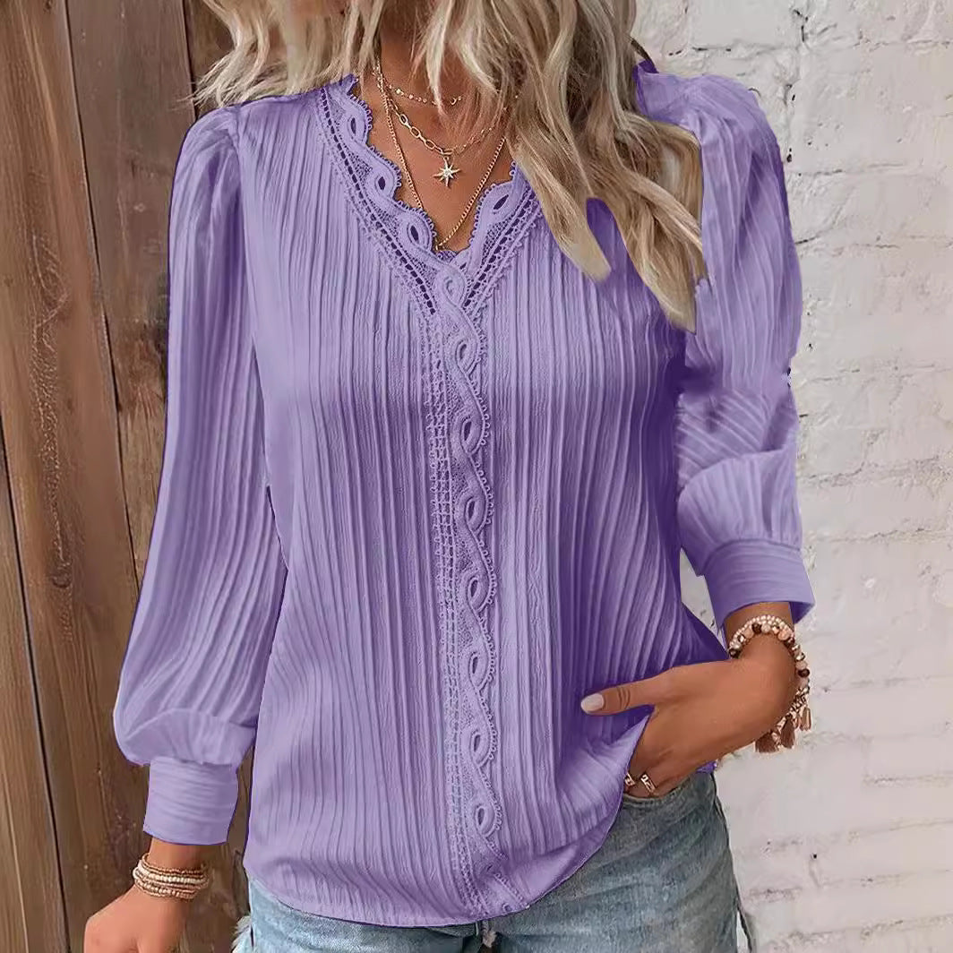 Damen nan romantische V-Ausschnitt Spitzenbluse mit Plissee und Puffärmeln EB