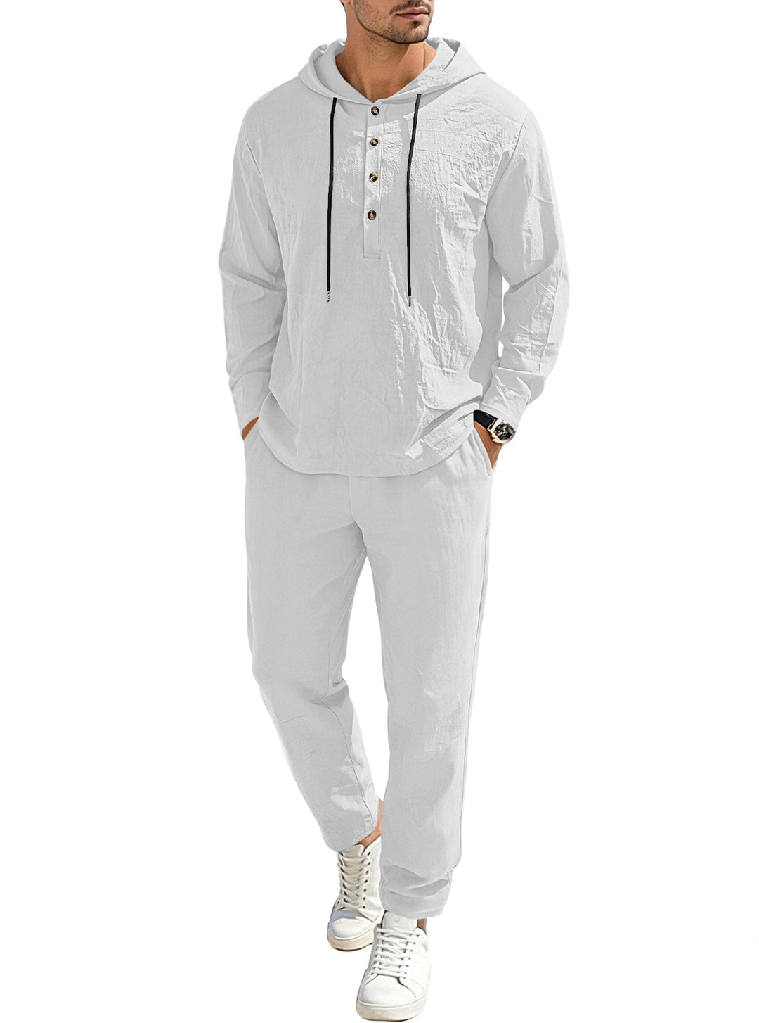 Herren nan entspannter Kapuzen-Henley Freizeitanzug aus leichter Baumwollmischung in Leinenoptik mit Kordelzug und elastischer Bundhose EB