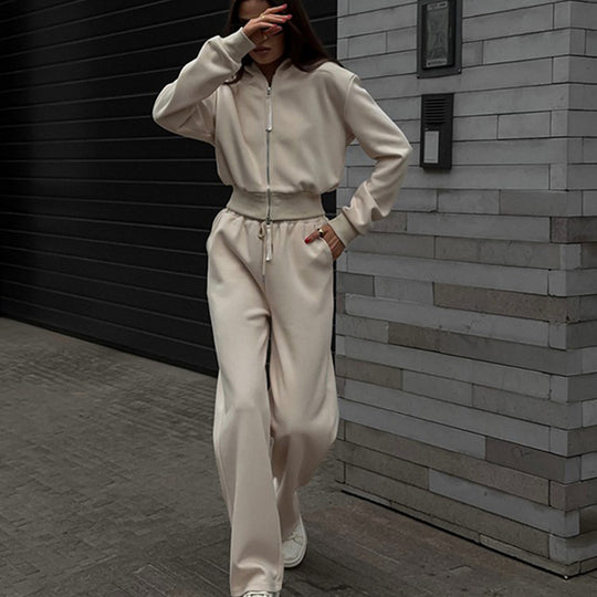 Damen Zweiteiliges Loungewear-Set mit kurzem Zip-Bomber und weiter High-Waist-Palazzohose EB