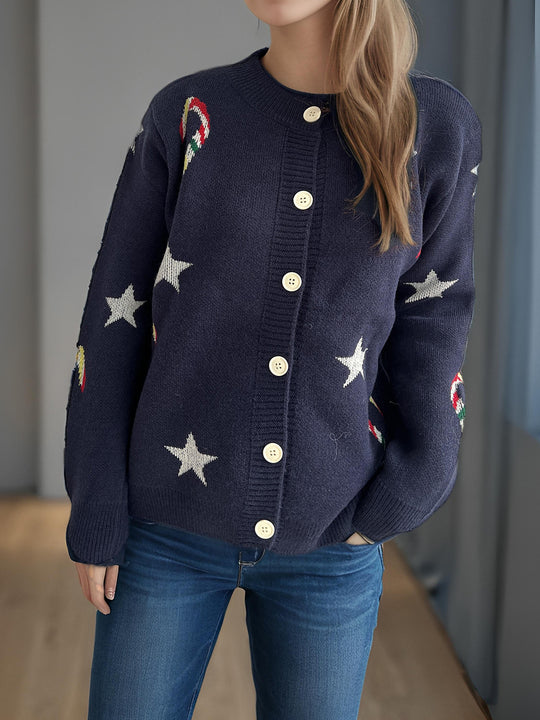 Damen Strickjacke mit festlichem Motiv und dekorativen Knöpfen EB