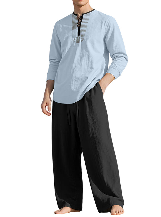 Herren nan Tunika- und Palazzohose-Set mit Henley-Blende, Zierstickerei und weitem Schnitt EB