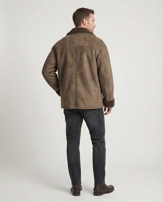Herren extraweiter Lammfellimitat-Fliegerjacke mit Teddyfutter umklappbarem Kragen und verdeckten Druckknöpfen EB