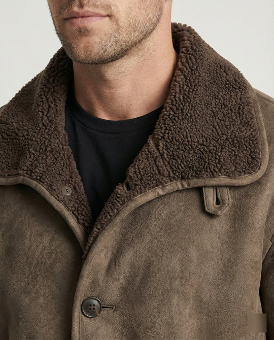 Herren extraweiter Lammfellimitat-Fliegerjacke mit Teddyfutter umklappbarem Kragen und verdeckten Druckknöpfen EB