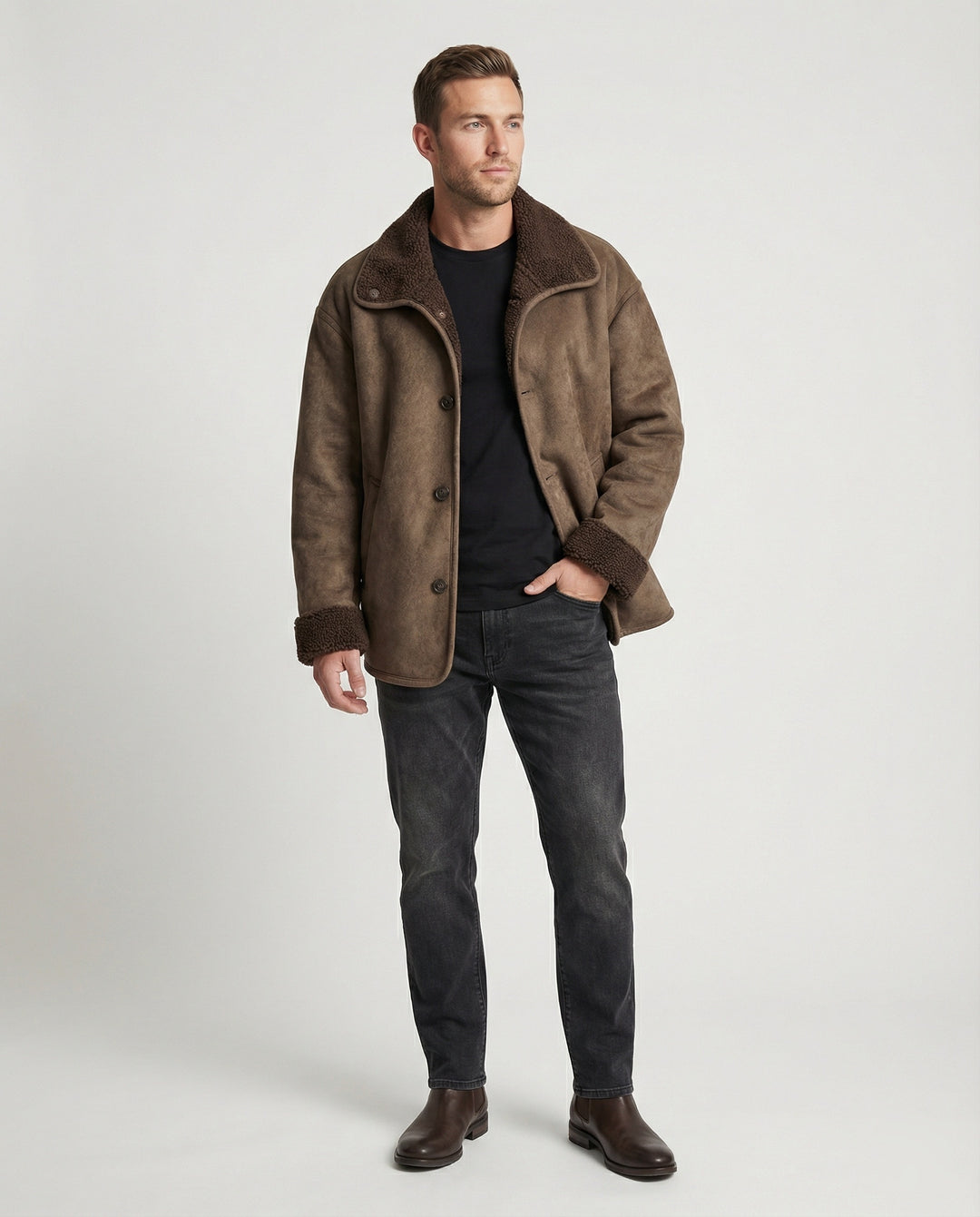Herren extraweiter Lammfellimitat-Fliegerjacke mit Teddyfutter umklappbarem Kragen und verdeckten Druckknöpfen EB