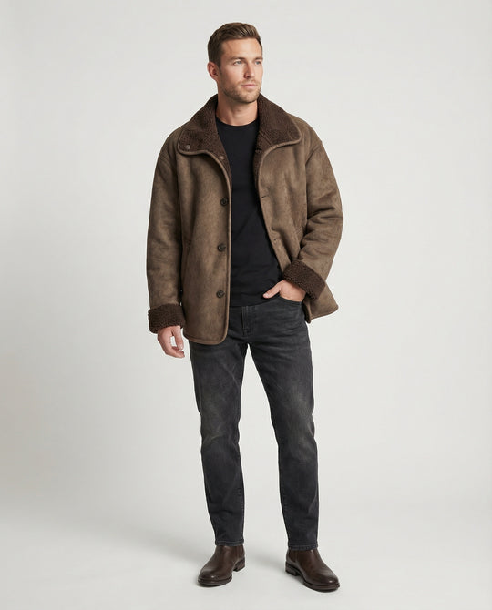 Herren extraweiter Lammfellimitat-Fliegerjacke mit Teddyfutter umklappbarem Kragen und verdeckten Druckknöpfen EB