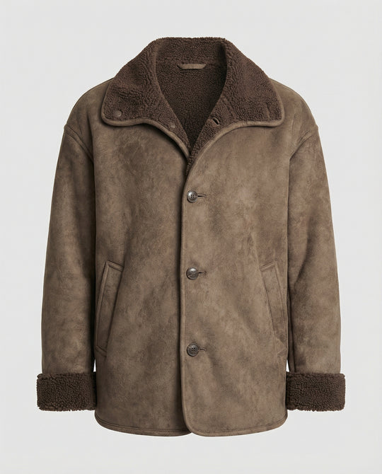 Herren extraweiter Lammfellimitat-Fliegerjacke mit Teddyfutter umklappbarem Kragen und verdeckten Druckknöpfen EB