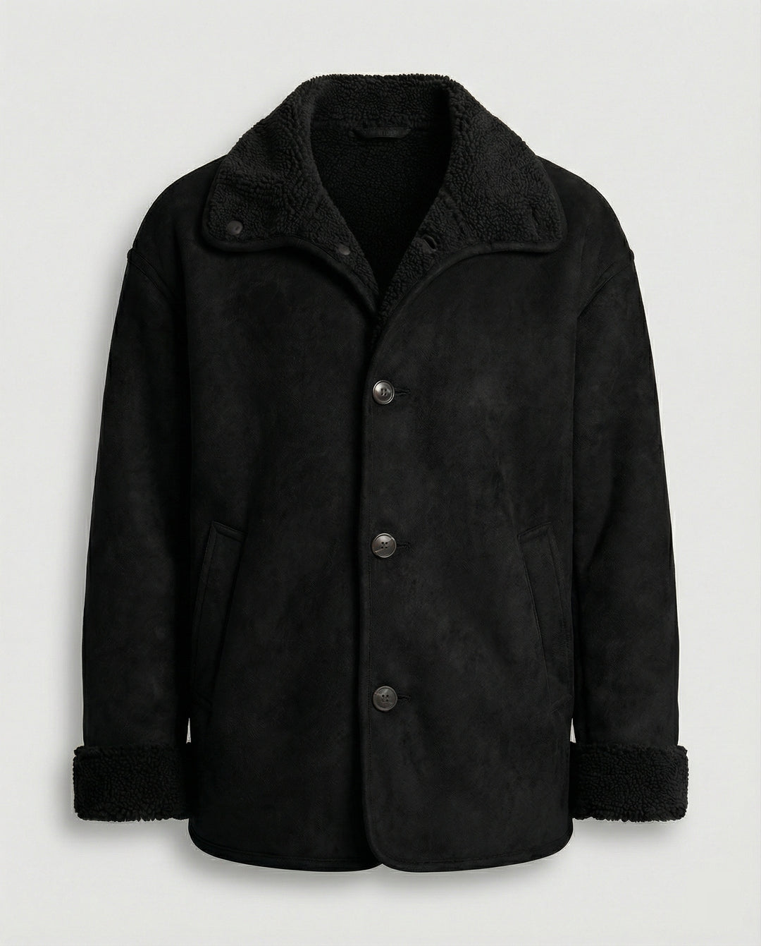Herren extraweiter Lammfellimitat-Fliegerjacke mit Teddyfutter umklappbarem Kragen und verdeckten Druckknöpfen EB