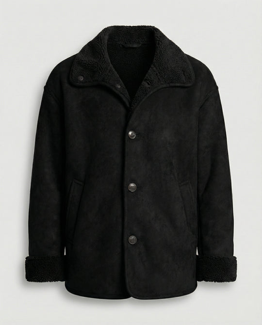 Herren extraweiter Lammfellimitat-Fliegerjacke mit Teddyfutter umklappbarem Kragen und verdeckten Druckknöpfen EB