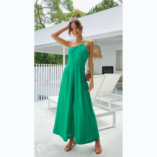 Damen Jumpsuit im modischen Wickeldesign mit weitem Bein und schulterfreiem Schnitt EB