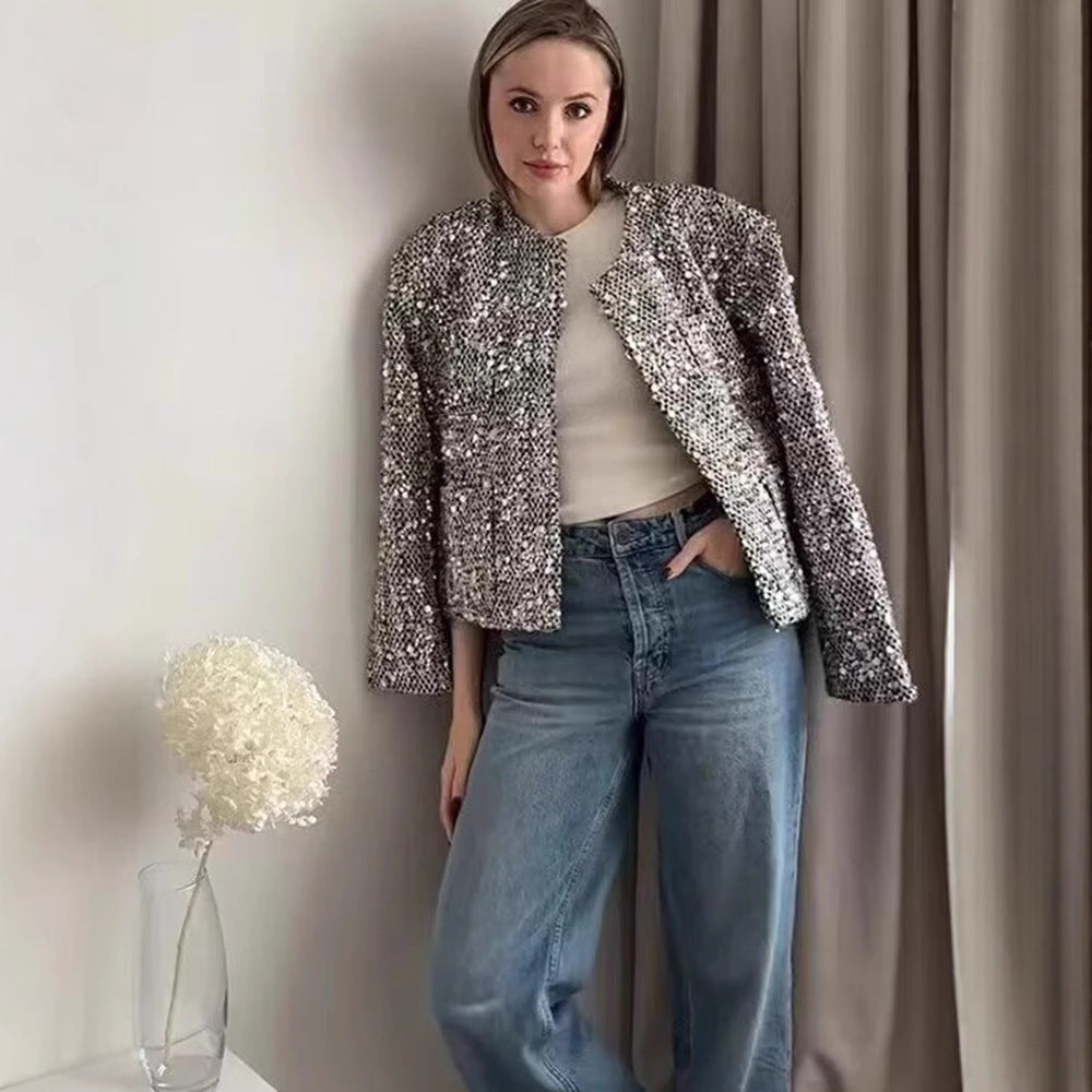Damen nan strukturierte Boucléjacke mit Stehkragen, aufgesetzten Taschen und elastischem Saum EB