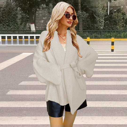 Damen Grobstrickjacke mit breitem Gürtel und weitem Schnitt EB