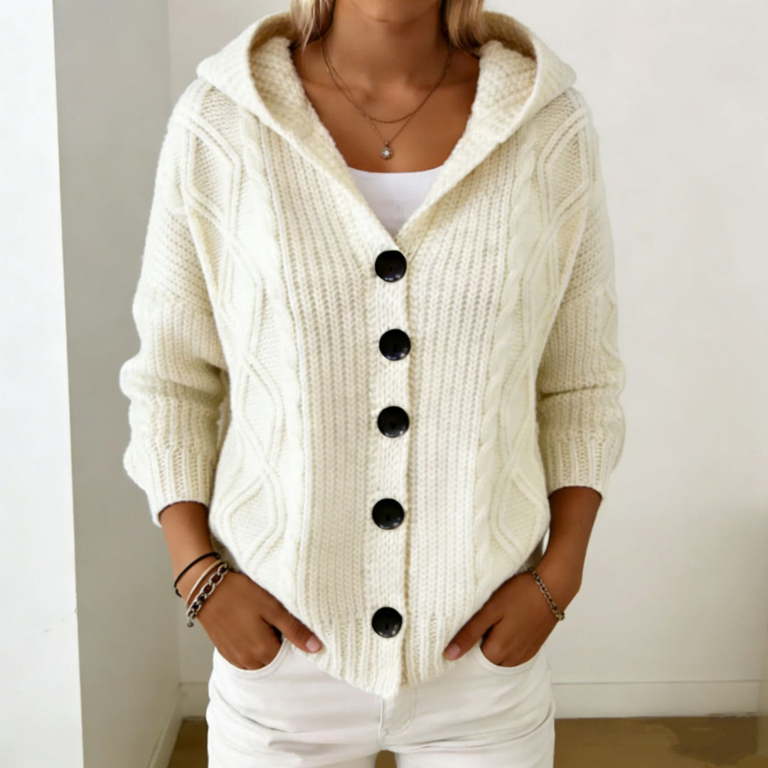 Damen Kapuzen-Cardigan aus grobem Zopfstrick mit Knopfverschluss EB