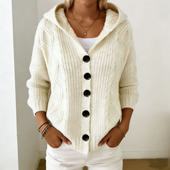 Damen Kapuzen-Cardigan aus grobem Zopfstrick mit Knopfverschluss EB