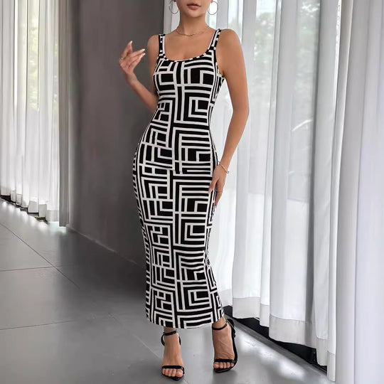 Damen Maxikleid mit modernem geometrischem Muster EB