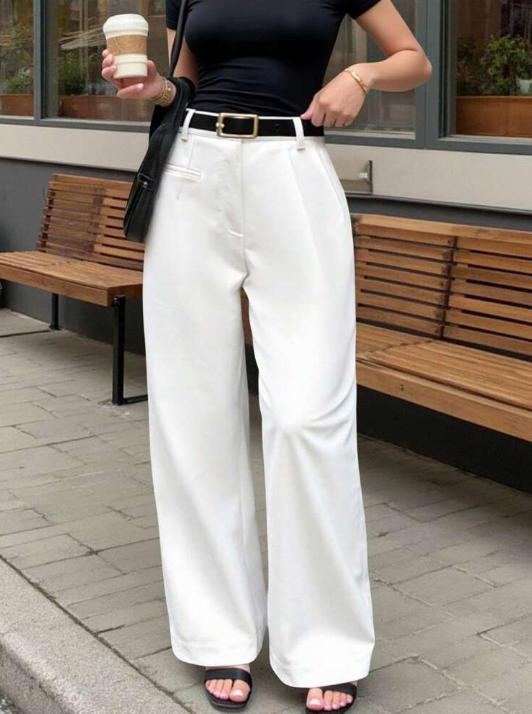 Damen Elegante und bequeme High-Waist Stoffhose mit breitem Bein EB