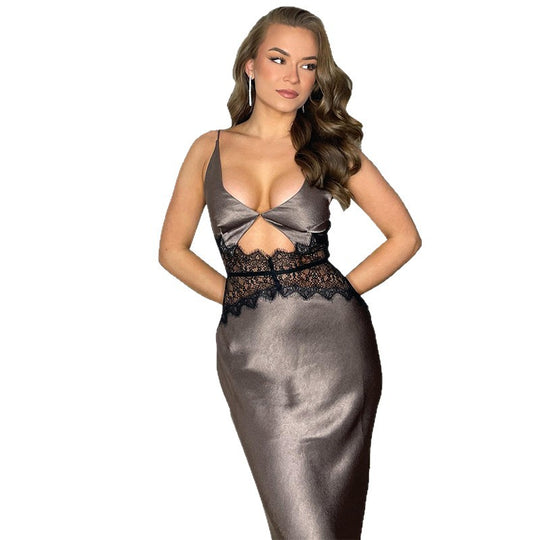 Damen hochgeschlossenes Maxikleid mit Spitzenakzenten und raffiniertem Ausschnitt EB