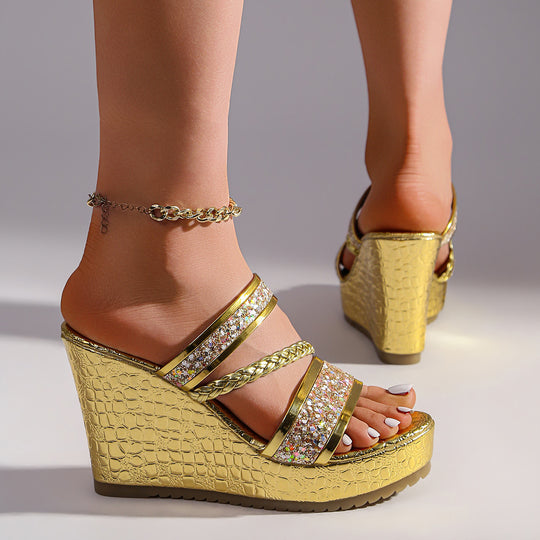 Damen Wedge-Sandalen mit funkelnden Akzenten und elegantem Krokodil-Design EB