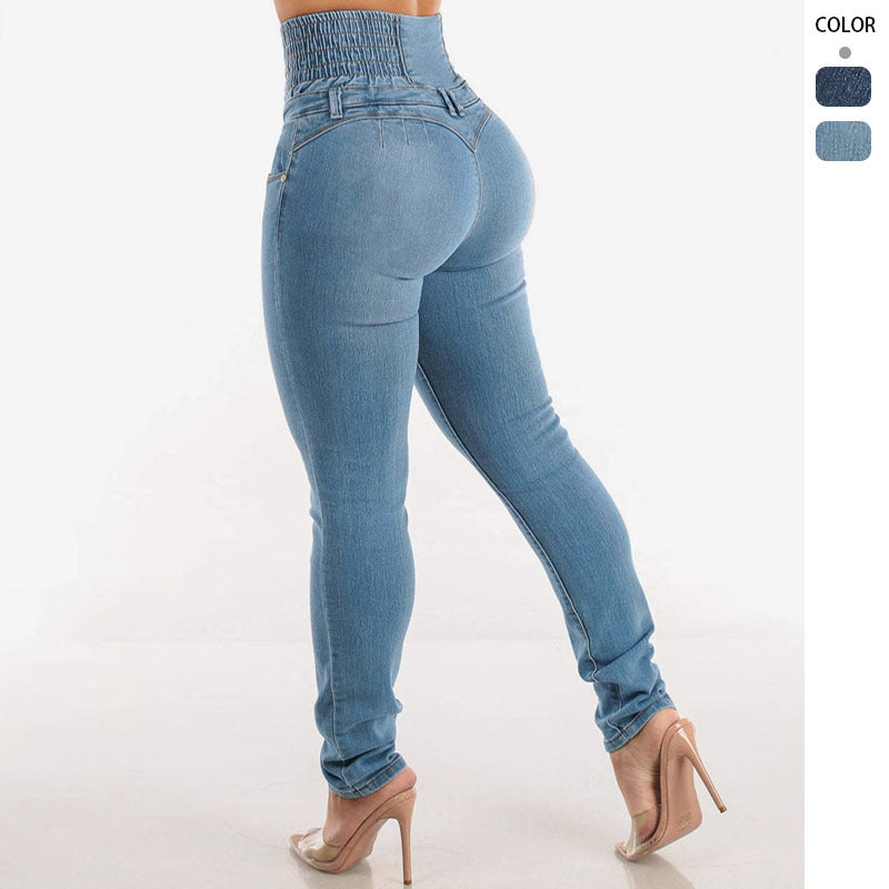 Damen Hochtaillierte Skinny Jeans mit dekorativen Knopfdetails und elastischem Bund EB