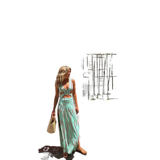 Damen Lang kleid mit tiefem V-Ausschnitt und modischem Cut-Out EB