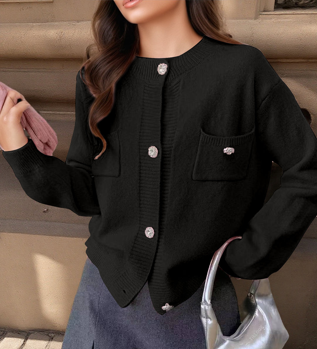 Damen Strickjacke mit dekorativen Taschen und edlen Knöpfen EB