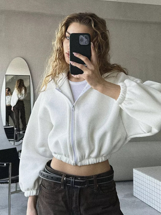 Damen nan oversized Kapuzenjacke kurz geschnitten mit elastischem Saum und Ballonärmeln EB