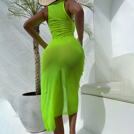 Damen ärmelloses Strandkleid mit seitlichem Rüschendetail EB