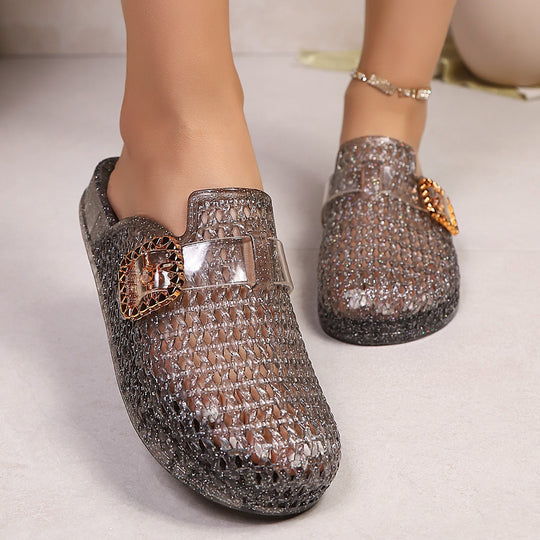 Damen Modische Glitzer-Clogs mit elegantem Schnallen-Design EB