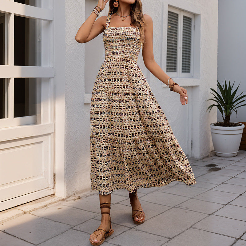 Damen Maxikleid mit verstellbaren Spaghettiträgern und elastischem Oberteil EB