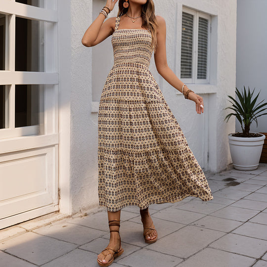 Damen Maxikleid mit verstellbaren Spaghettiträgern und elastischem Oberteil EB