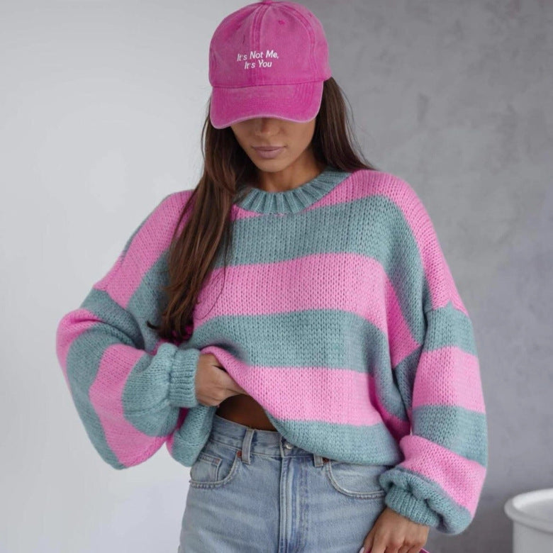 Damen lässiger Strickpullover mit luftiger Struktur und lockeren Ärmeln EB