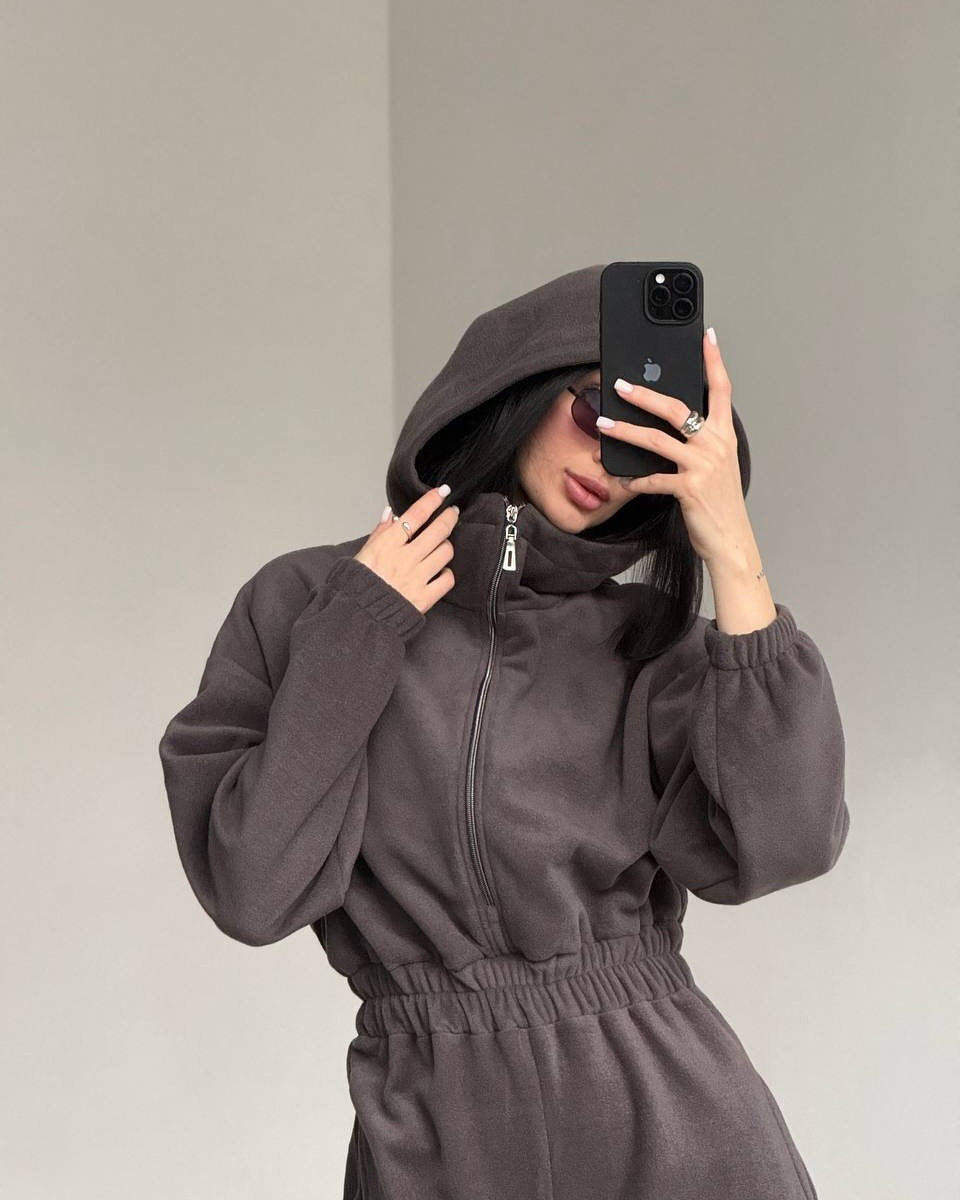 Damen Fleece Jogginganzug mit kurzem Reißverschluss EB