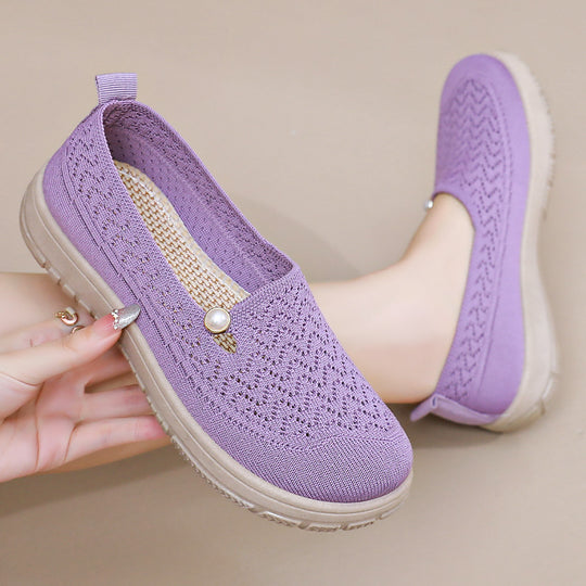 Damen Slip-On Freizeit Schuhe mit eleganter Strickoberfläche und Perlenschmuck EB